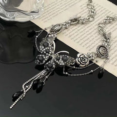 Butterfly decor black rhinestone choker necklace