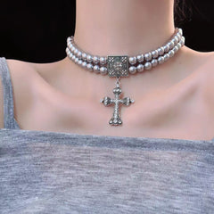 Layered faux pearl cross pendant choker necklace