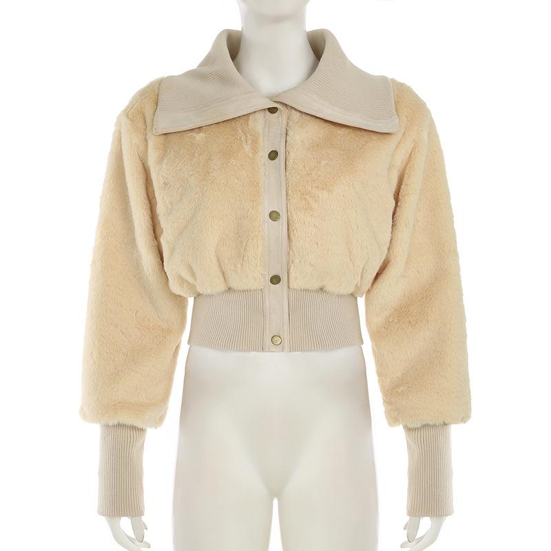 Turnover collar long sleeve button fluffy coat top