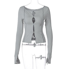 Hollow out round neck long sleeve cut out top