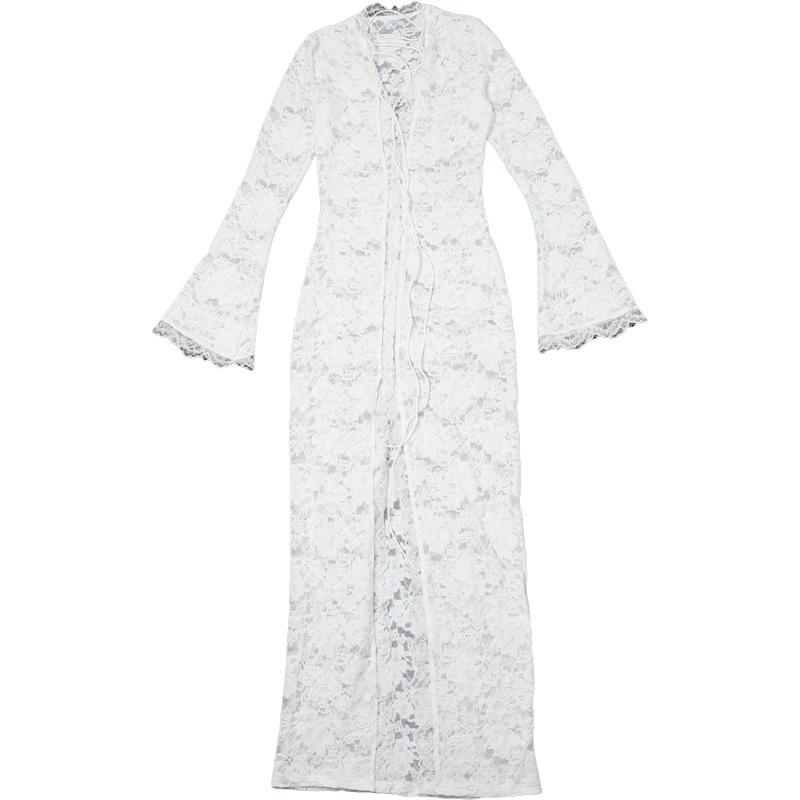 Long sleeve lace cross front slit maxi dress
