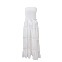 Smocked ruched lace patchwork tube midi dress