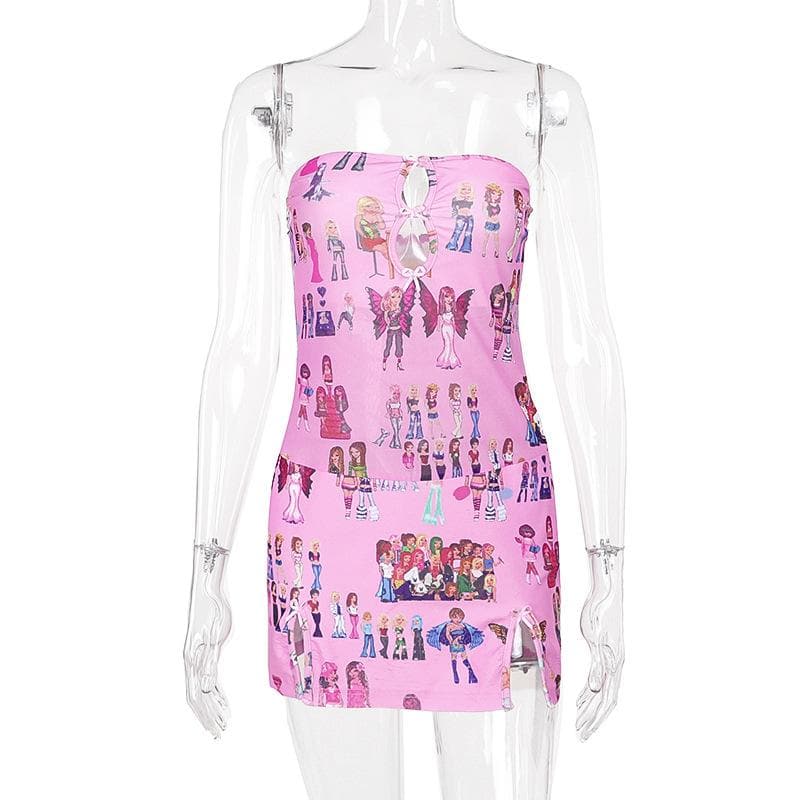 Hollow out bowknot print slit tube cut out mini dress  | red tango dress
