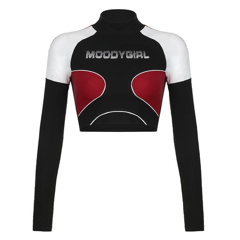 High neck contrast long sleeve "MOODYGIRL" pattern crop top