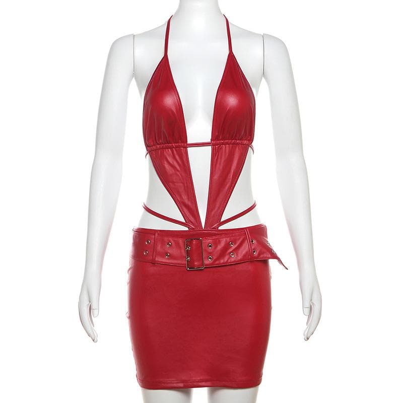 Halter buckle deep PU leather v neck backless mini dress  | red tango dress