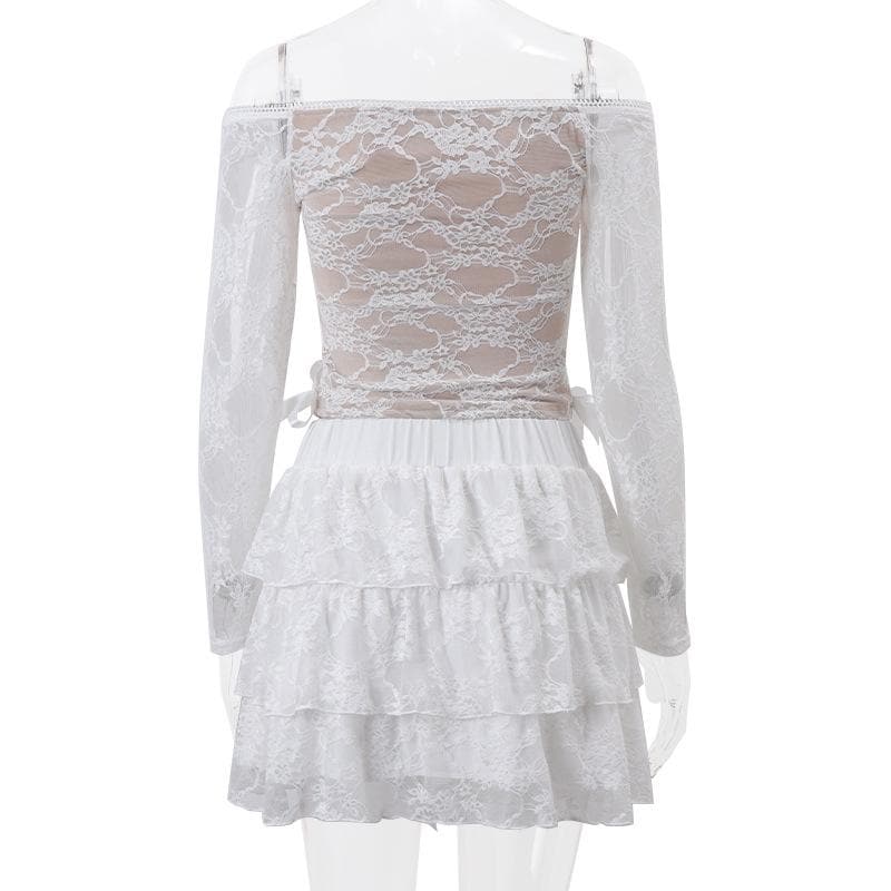 Long sleeve off shoulder bowknot ribbon lace up ruched mini skirt set