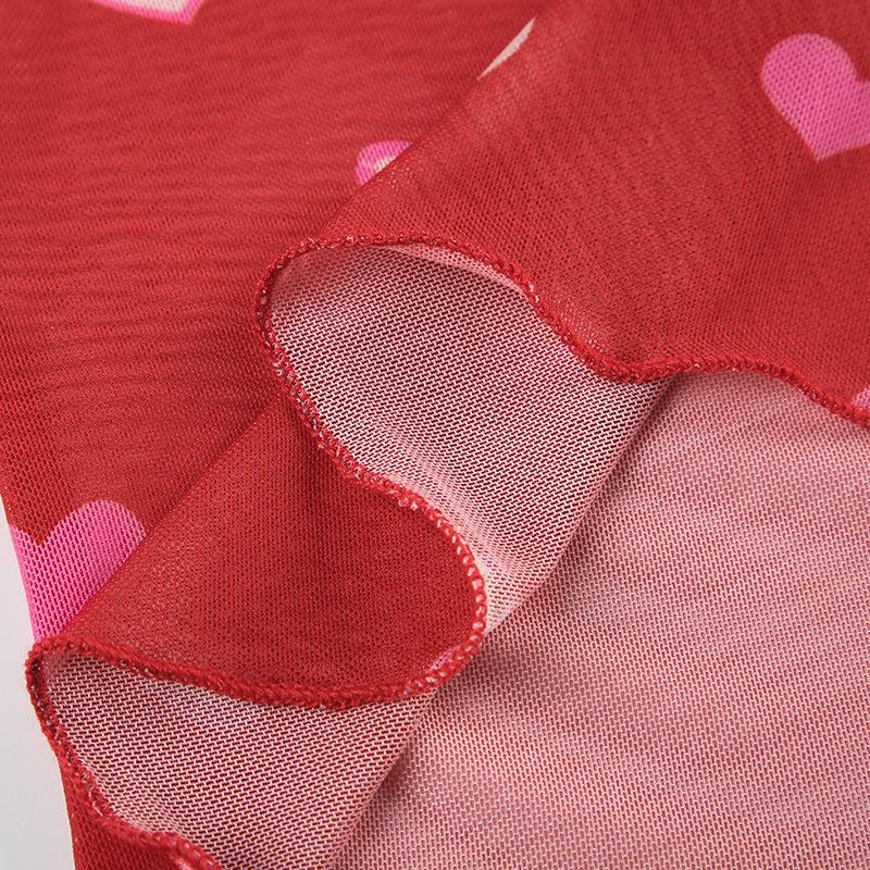 Heart print sheer mesh ruffle cami top