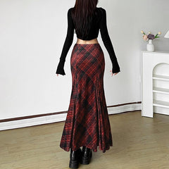 Plaid zip-up ruffle maxi skirt