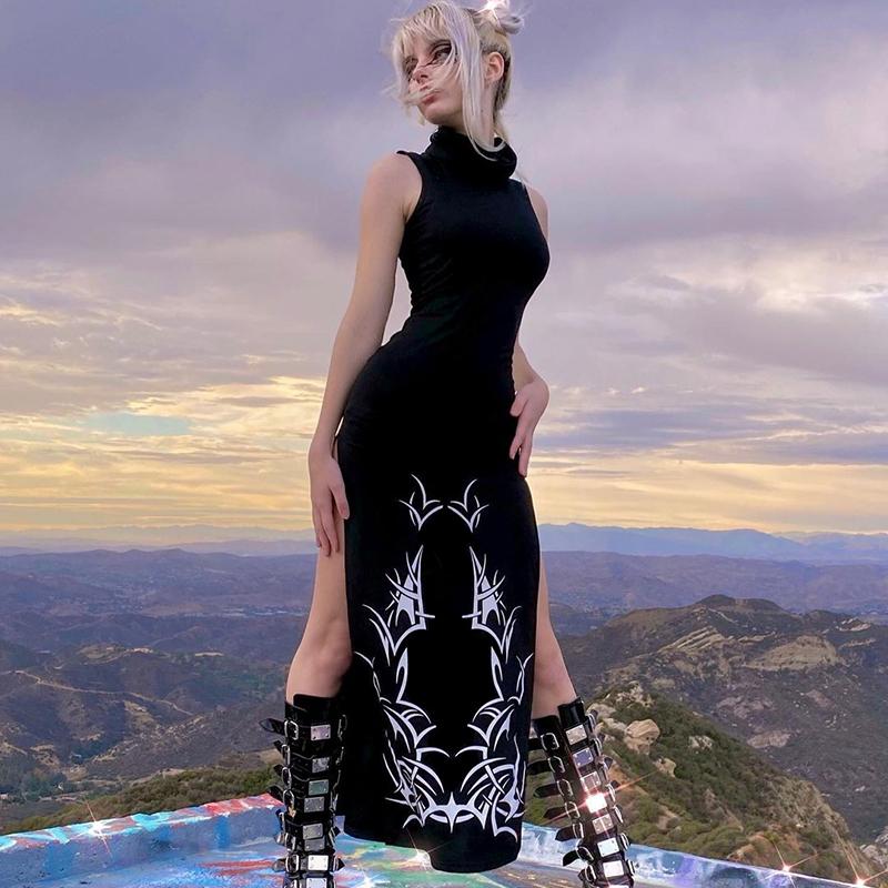 High neck slit print maxi dress