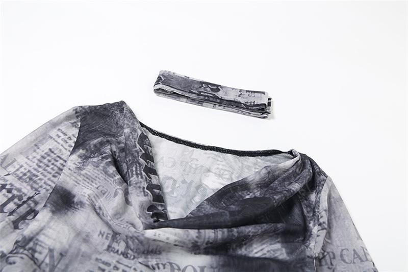 Cowl neck long sleeve mesh abstract print top