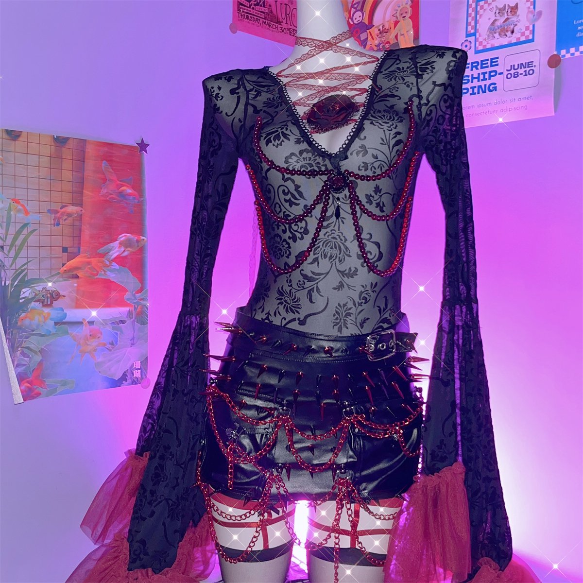 Long flared sleeve v neck see through flower applique bodysuit