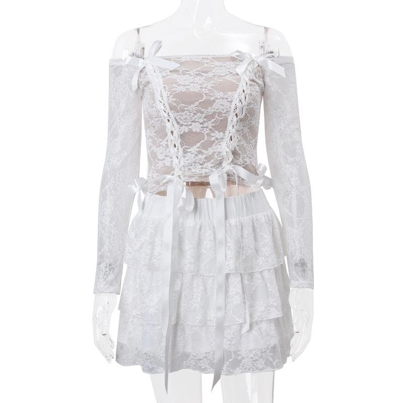 Long sleeve off shoulder bowknot ribbon lace up ruched mini skirt set