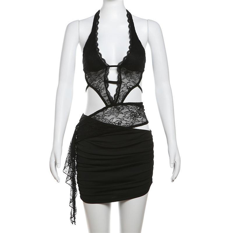 Halter deep v neck patchwork lace ruffle mini skirt set