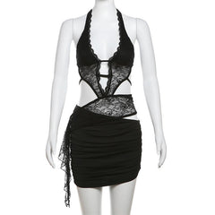 Halter deep v neck patchwork lace ruffle mini skirt set