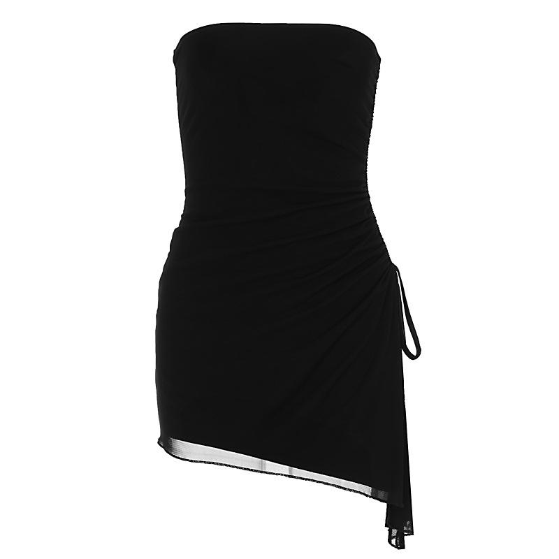 Drawstring ruched mesh irregular tube mini dress  | red tango dress