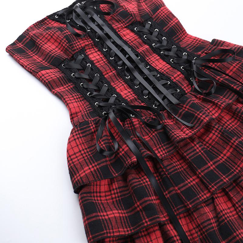 Plaid lace up self tie tube mini dress