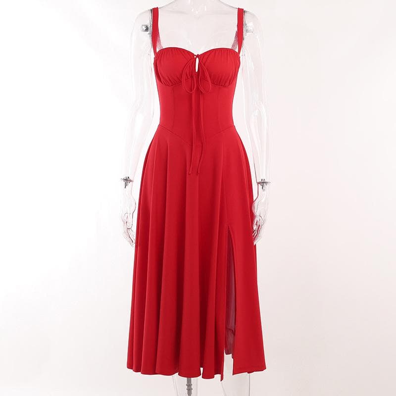 Ruched solid sweetheart neck slit sleeveless midi dress  | red tango dress