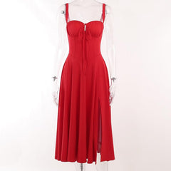 Ruched solid sweetheart neck slit sleeveless midi dress  | red tango dress