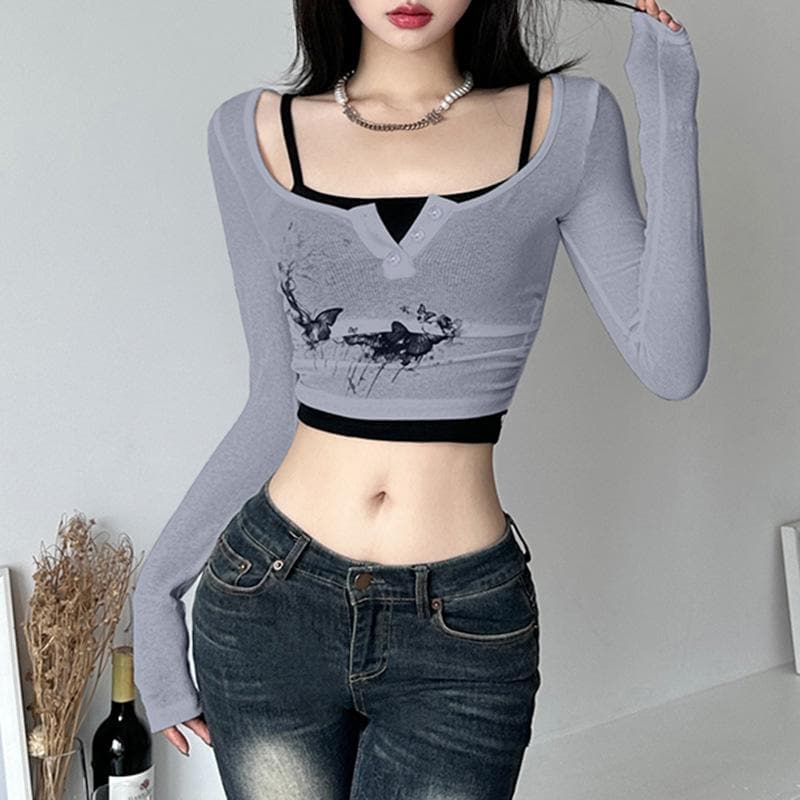 Butterfly pattern long sleeve button contrast 2 piece crop top
