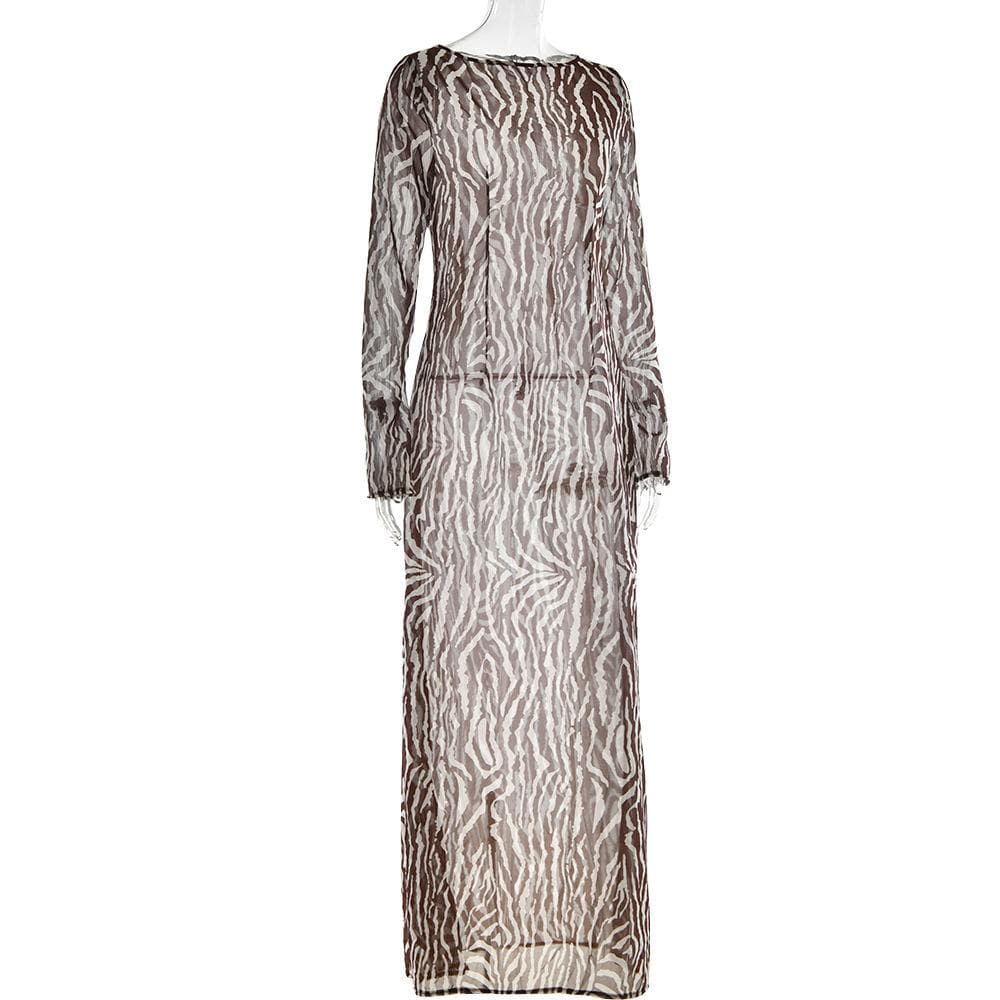 Sheer mesh see through zebra print long sleeve zip-up contrast maxi dress  | red tango dress  | samba dress