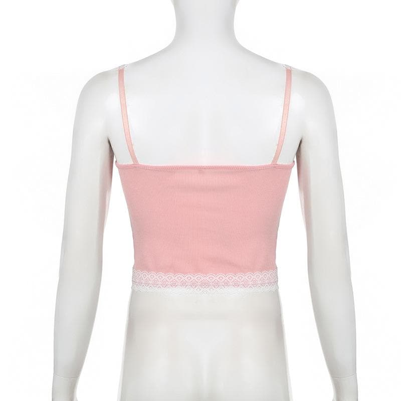 Lace up lace hem ribbed button stitch cami top