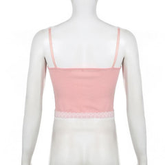 Lace up lace hem ribbed button stitch cami top