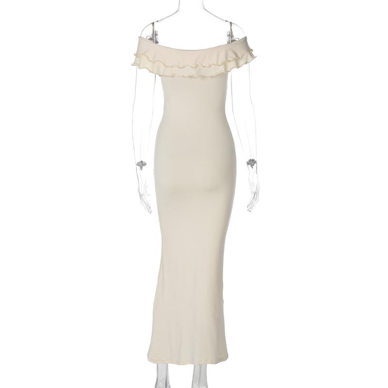 Short sleeve off shoulder ruffle ruched maxi dress