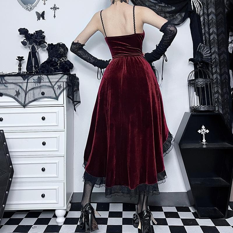 Velvet lace hem ruched lace up backless irregular midi dress  | red tango dress