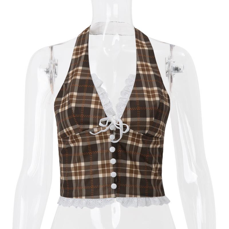 Halter v neck plaid ruffle button crop top