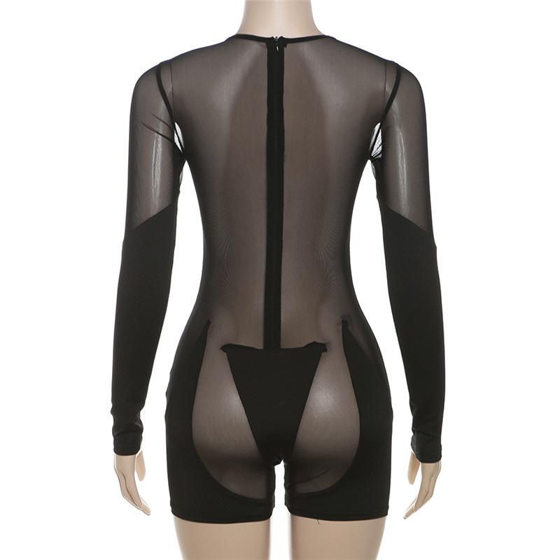 Long sleeve crewneck mesh patchwork zip-up romper