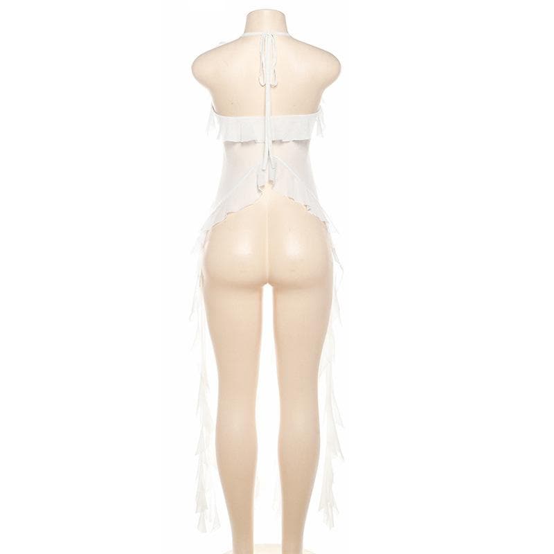 Halter rose applique sheer mesh ruffle v neck backless crop top