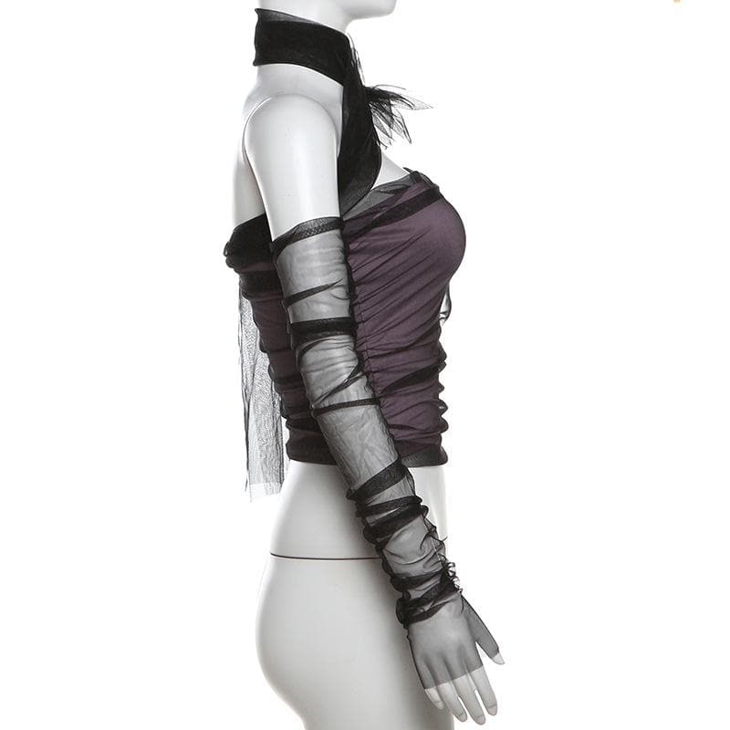 Halter off shoulder gloves mesh top