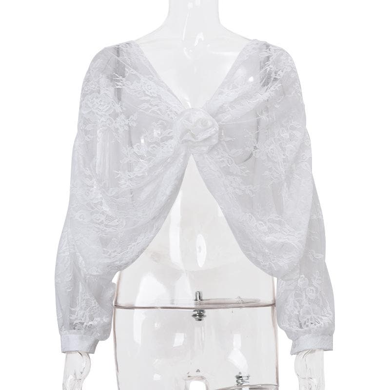 Long puff sleeve lace see through flower applique backless crop top