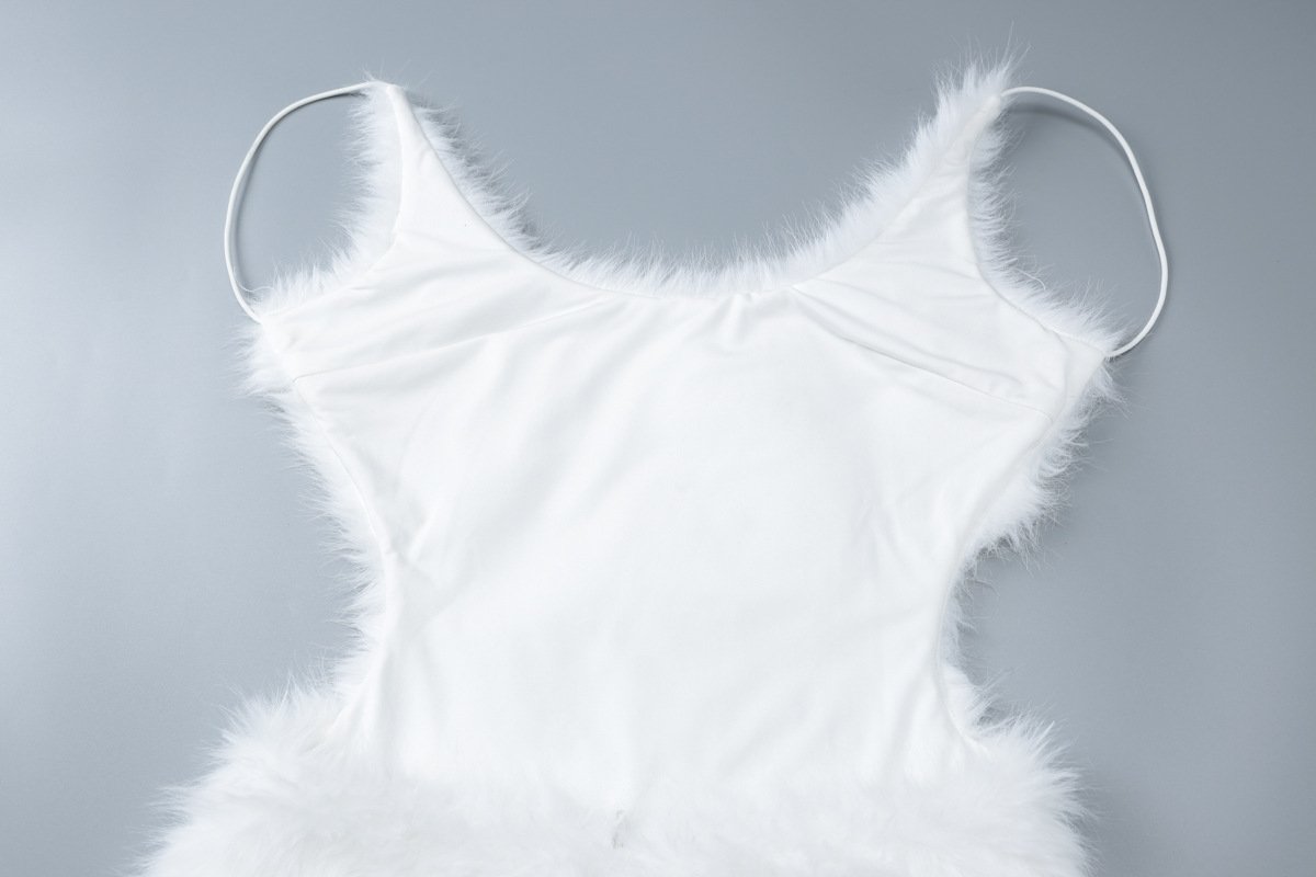 U neck fluffy zip-up backless cami mini dress