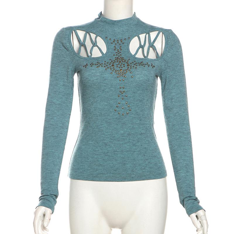 High neck long sleeve beaded cross pattern hollow out top
