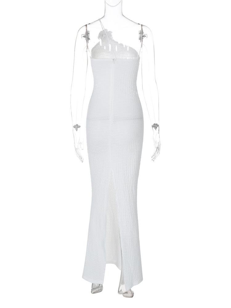 Flower applique one shoulder textured slit cami maxi dress
