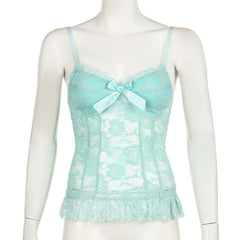 Lace flower pattern bowknot ruffle cami top