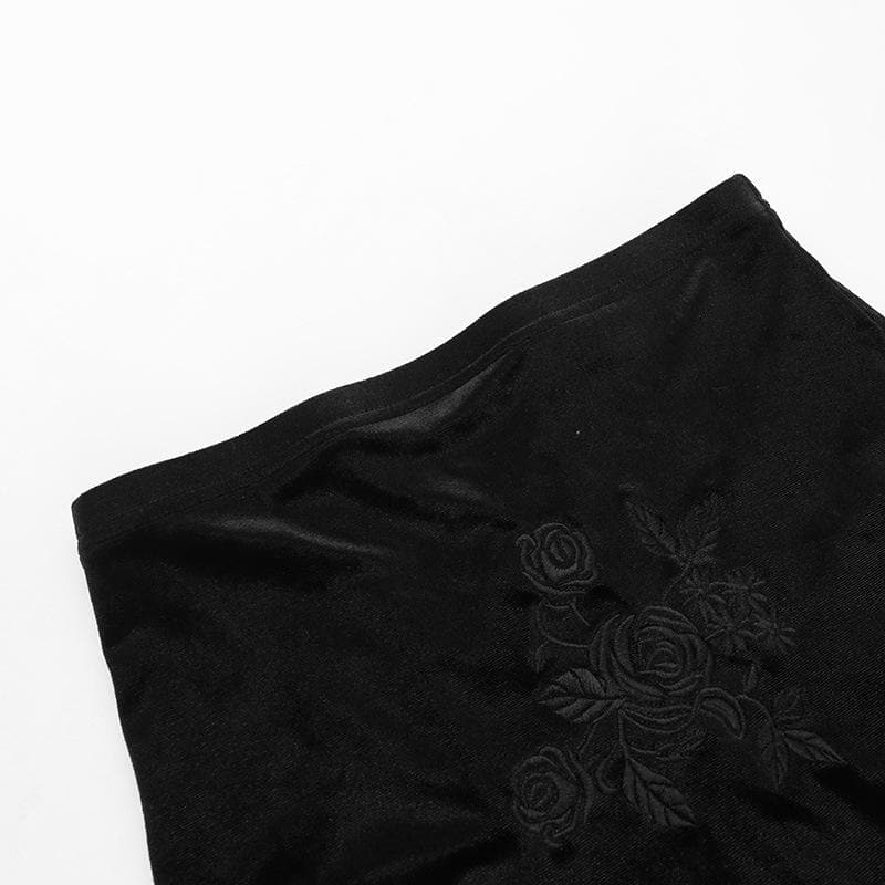 Velvet embroidery flower applique lace hem ruched maxi skirt