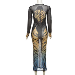Long sleeve tiger print crewneck sheer mesh midi dress  | samba dress
