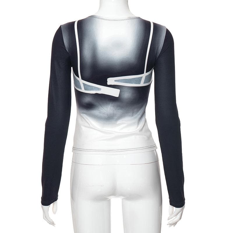 Long sleeve body print gradient crewneck contrast top