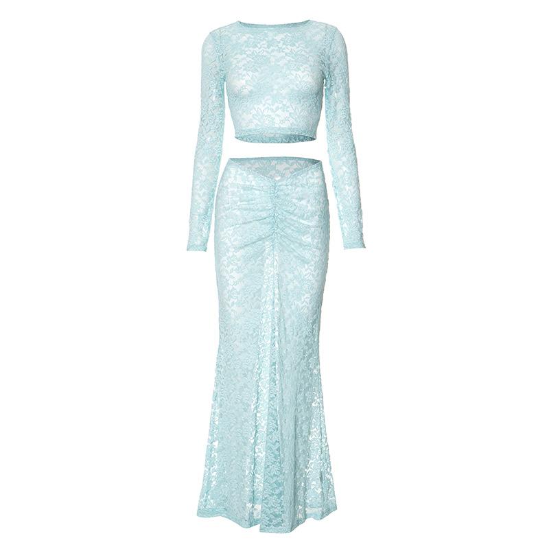Long sleeve lace see through crop maxi skirt set
