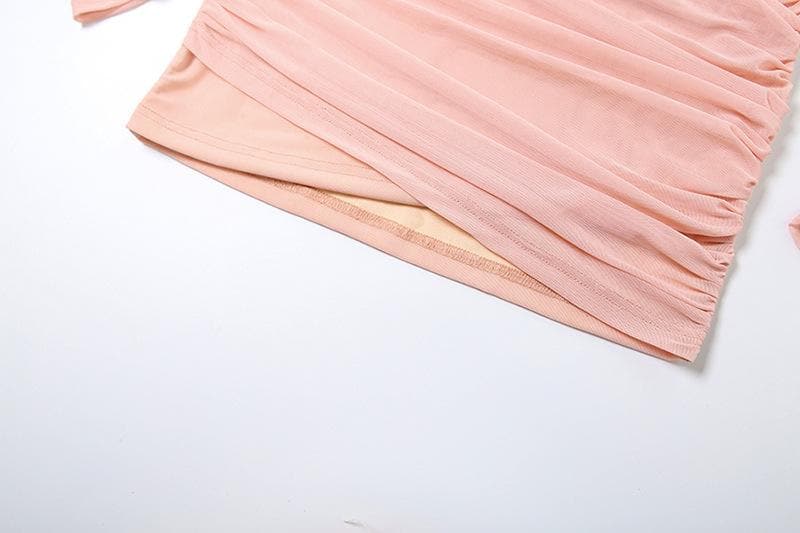 Long sleeve halter off shoulder ruched mini dress