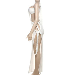 Irregular one shoulder high slit o ring self tie maxi dress