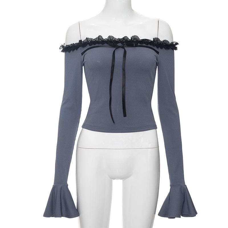 Long flared sleeve off shoulder bowknot lace hem top