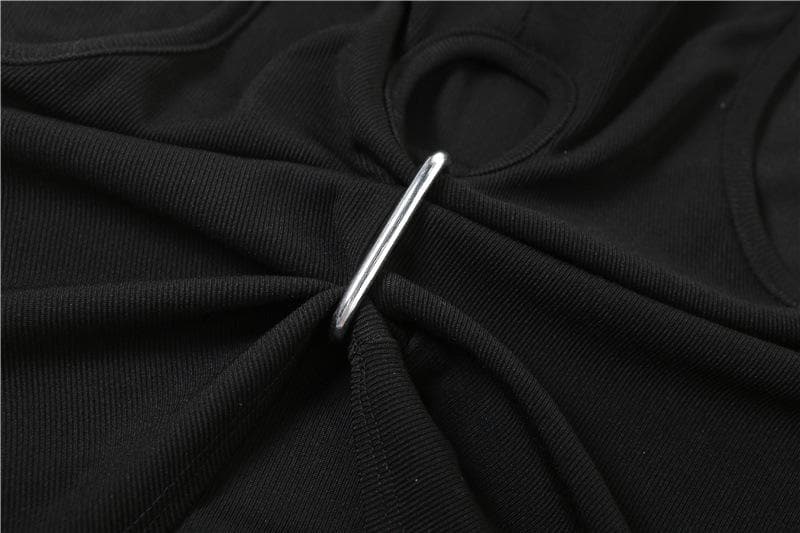 Hollow out sleeveless crewneck ruched solid crop cut out top