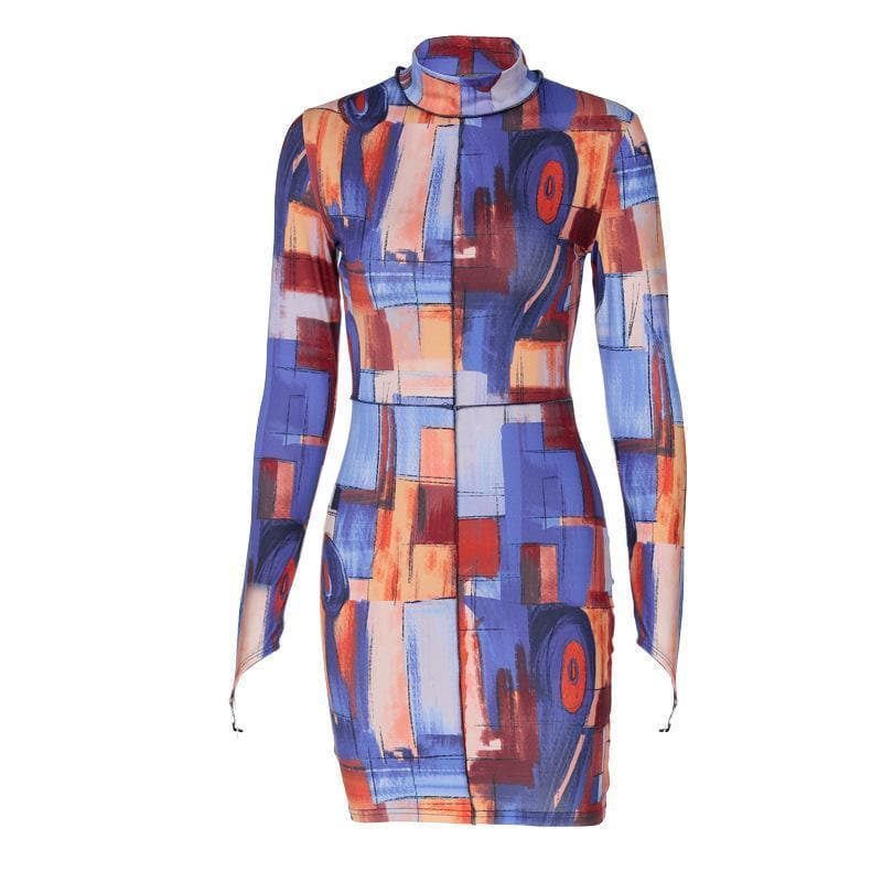 High neck printed mini dress