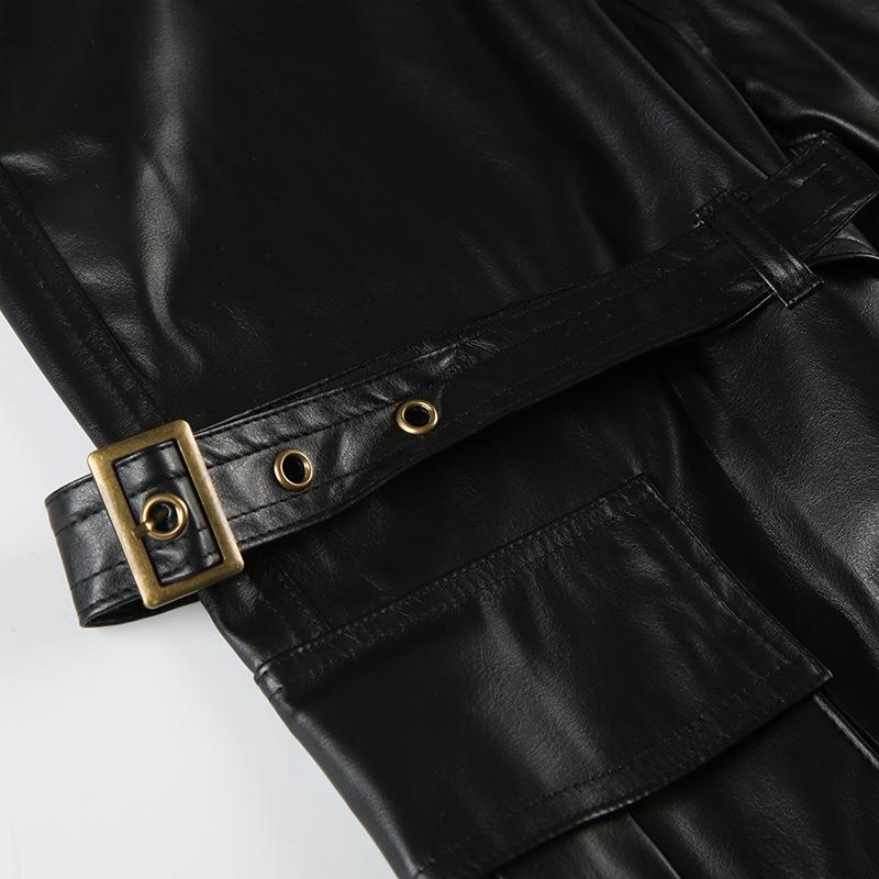 PU leather buckle pocket high rise pant
