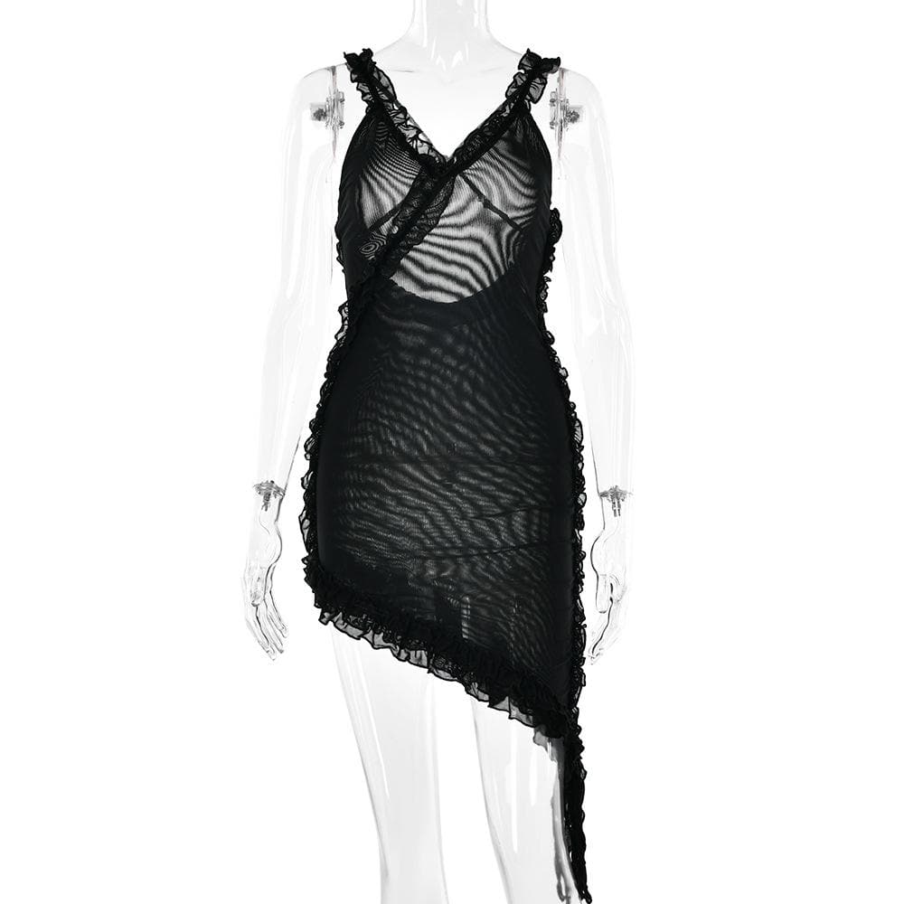 Sheer mesh see through ruffle solid cross back irregular mini dress  | red tango dress  | samba dress  | black rave dress  | black rave dress