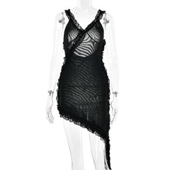 Sheer mesh see through ruffle solid cross back irregular mini dress  | red tango dress  | samba dress  | black rave dress  | black rave dress