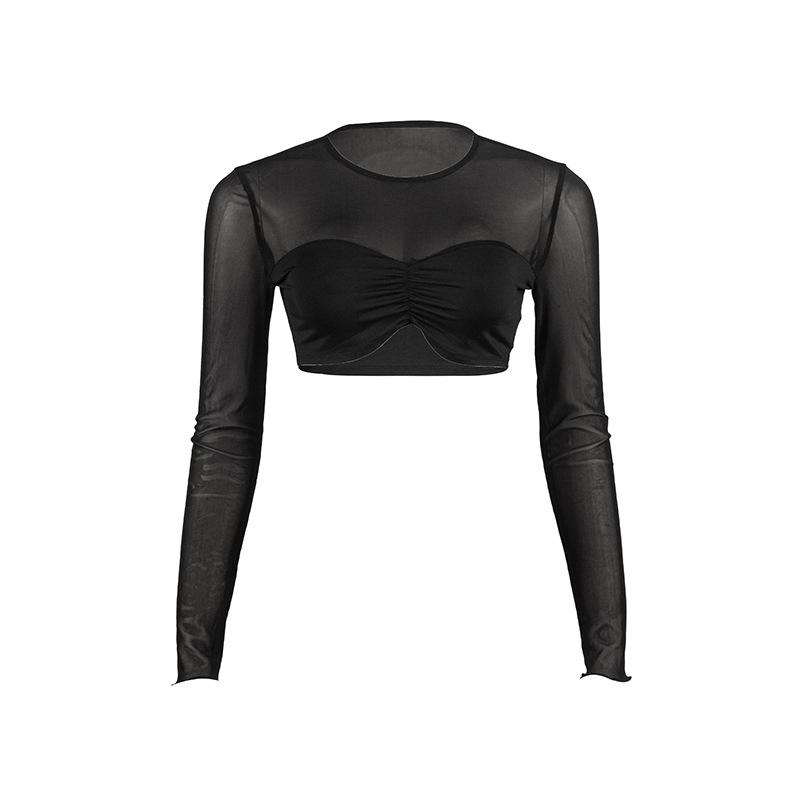 Long sleeve crewneck mesh ruched crop top